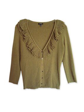 Talbots Olive Green Knit Sweater V Ruffle Neck Button Down Size S